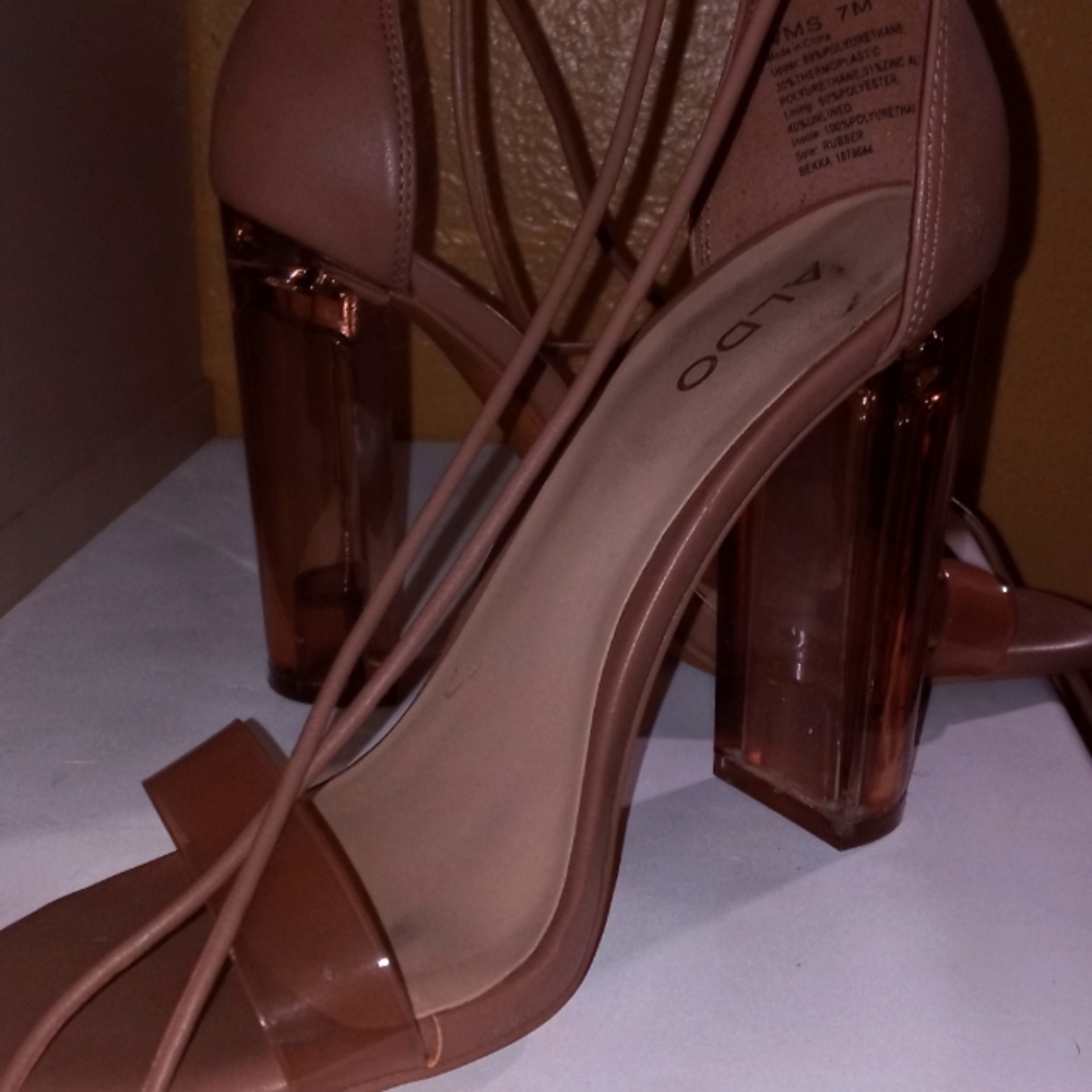 Ladies size 7 Aldo heels tie around ankle acrylic heel plastic tow strap taupe